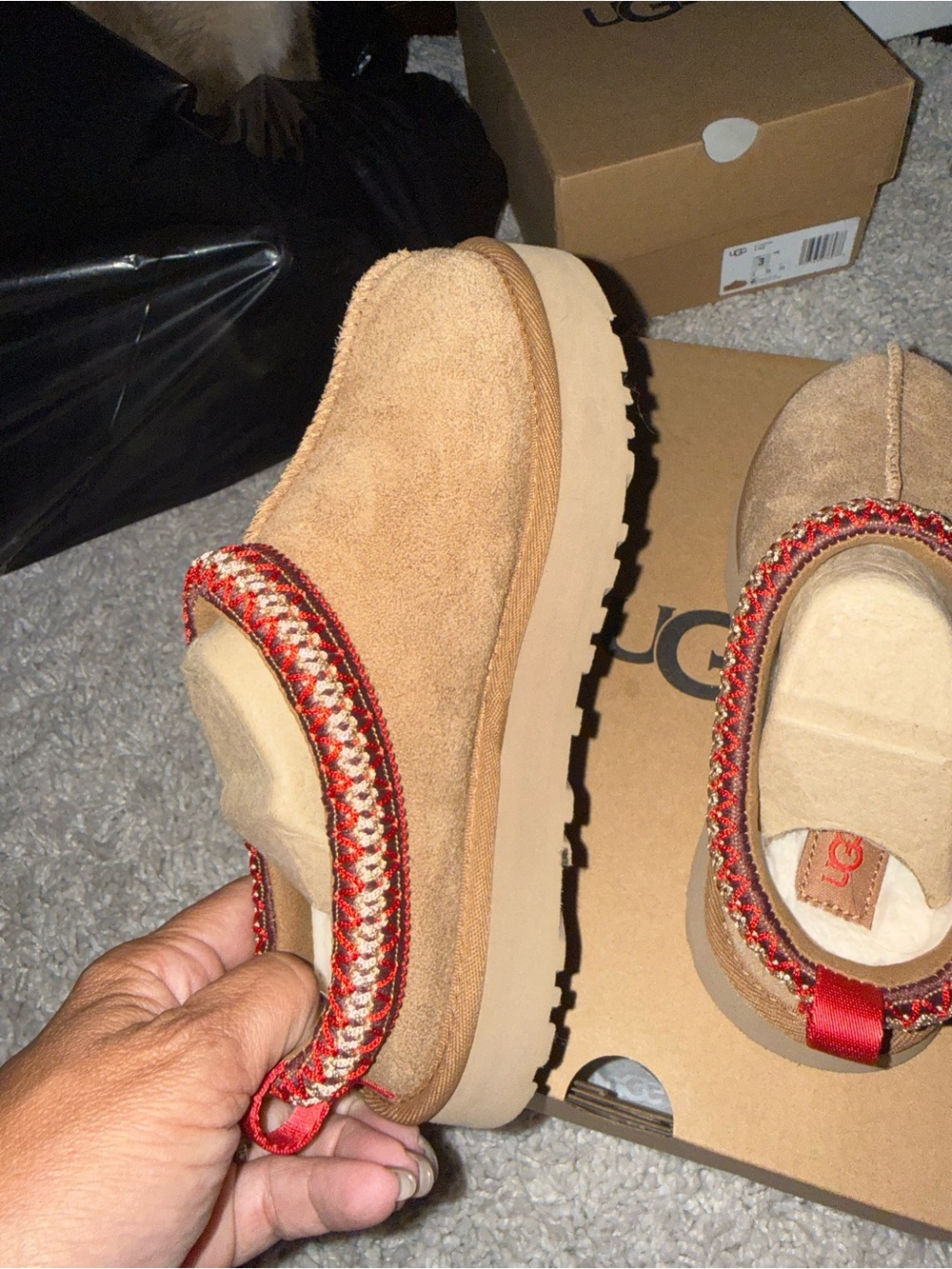 UGG Tan Suede Kids Platform Mules with Red Trim